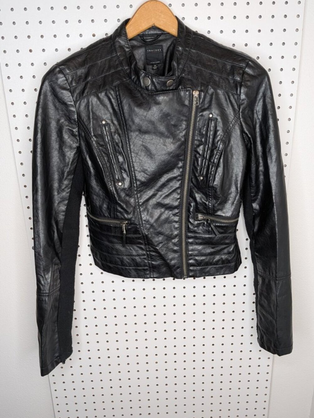 Therapy Thrashed Faux Leather Moto Jacket Black Cropped Biker Grunge Rocker M